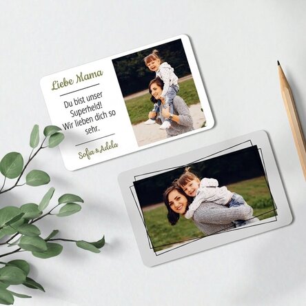 Individuell gestaltete Aluminiumkarte (Vorder- und Rückseite) mit 2 Fotos und einer Botschaft