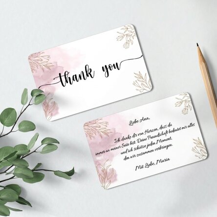Individuell gestaltete Aluminiumkarte, beidseitig bedruckt, mit der Aufschrift „Thank you“