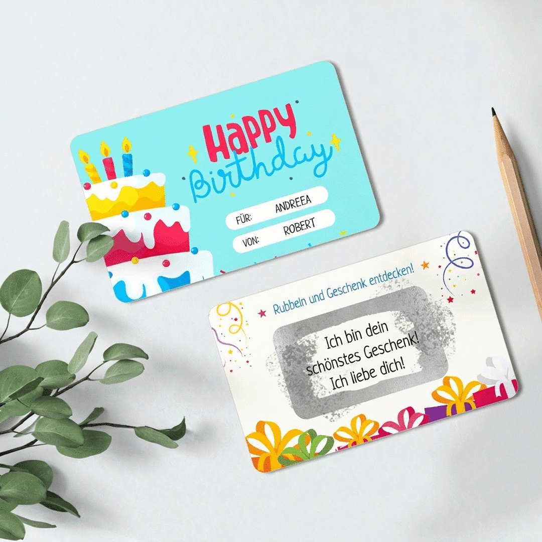Individuell gestaltete, beidseitig bedruckte Aluminium-Rubbelkarte mit Botschaft – Happy Birthday