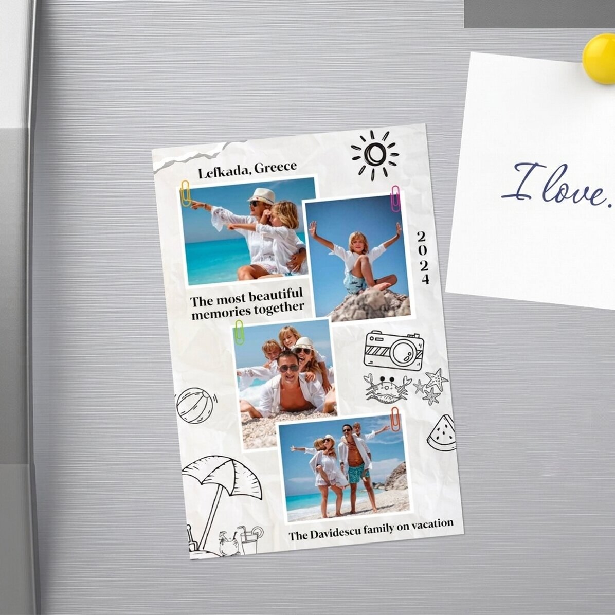 Individuell gestalteter Magnet (10 x 15 cm) mit 4 Fotos und Text – Holiday