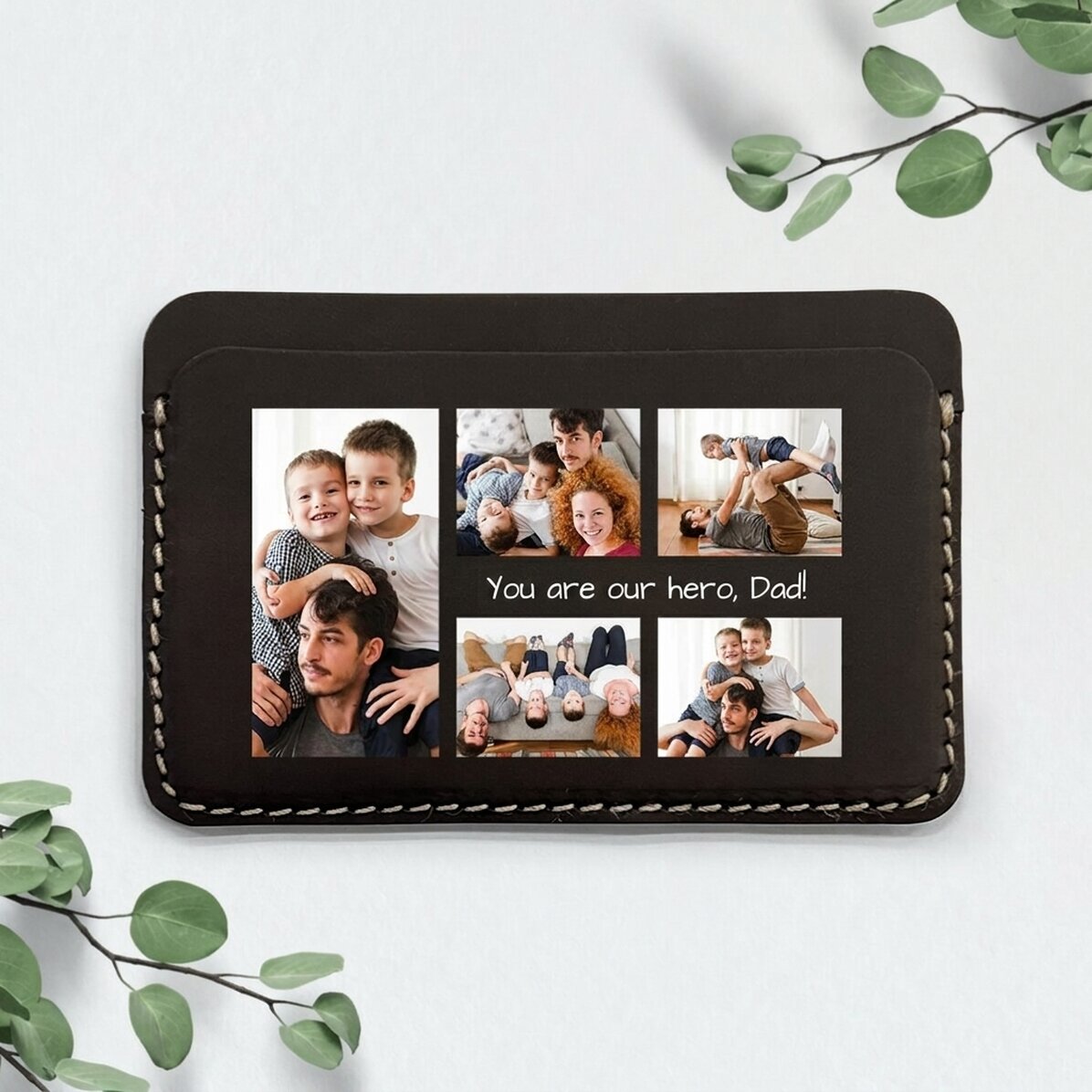 Personalisierte farbige Lederbrieftasche mit Botschaft und 5 Fotos