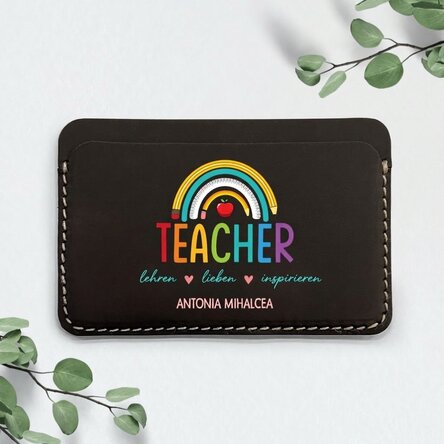 Personalisierte, farbige Lederbrieftasche mit Schriftzug – Teacher