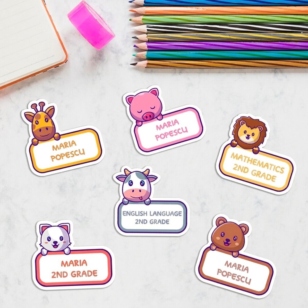 Set mit 12 personalisierten Aufklebern (selbstklebende Etiketten) für die Schule – Tierchen