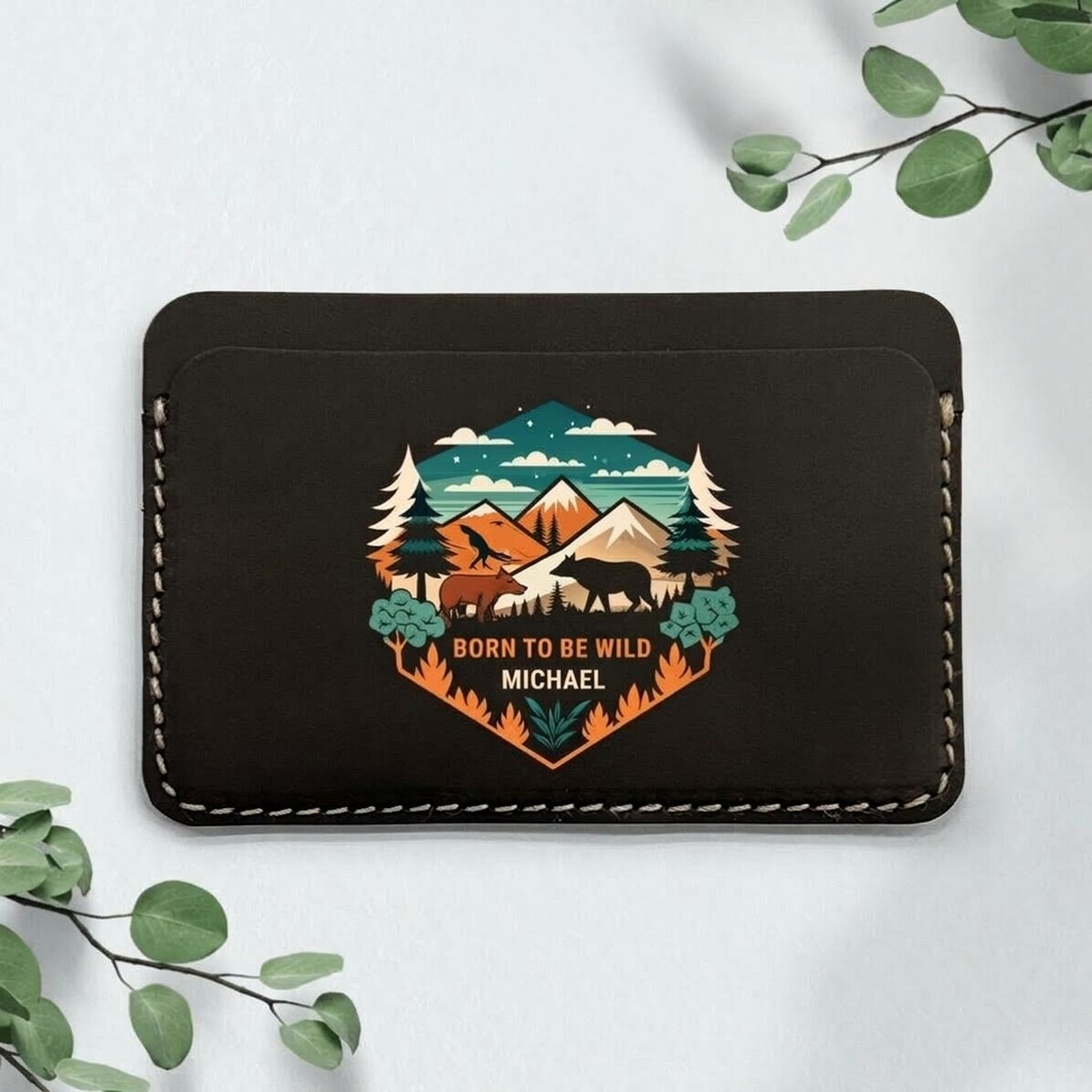 Personalisierte, farbige Lederbrieftasche mit Schriftzug – Wild