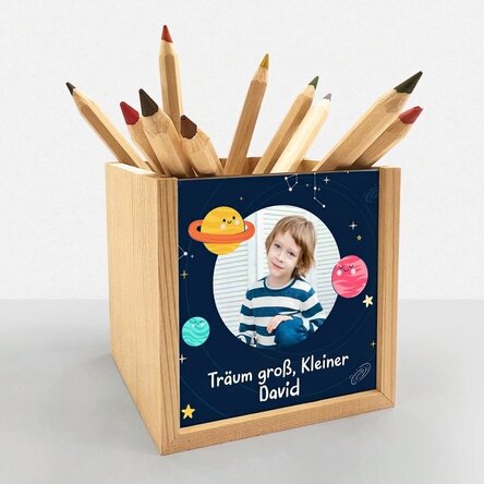 Individuell gestalteter Stifthalter mit Foto und Text – Cosmos