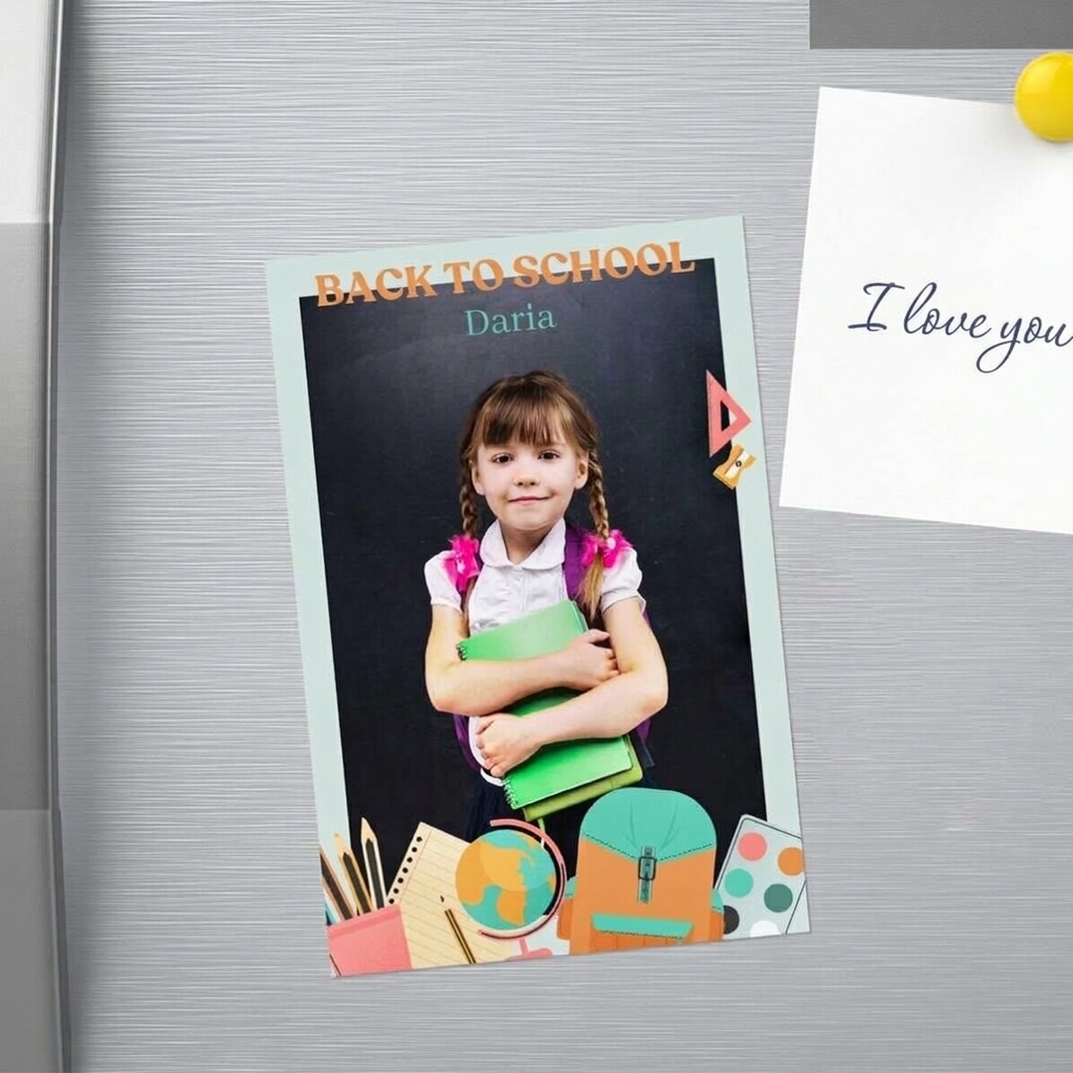 Individuell gestalteter Magnet (10 x 15 cm) mit Foto und Text – Back to School
