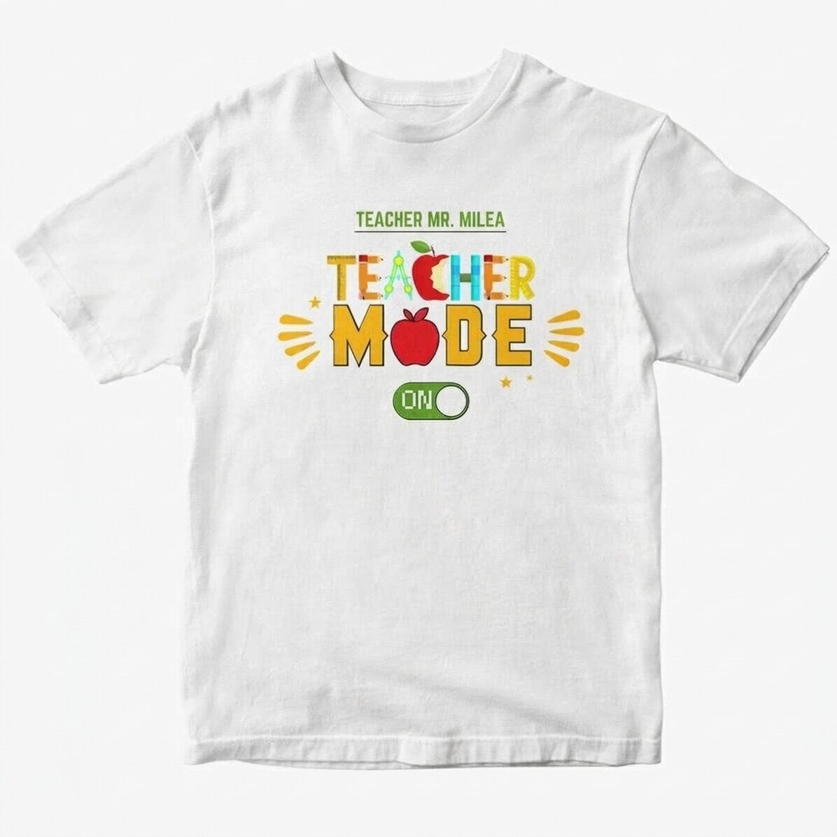 Personalisiertes Baumwoll-T-Shirt mit Aufdruck – „Teacher mode on“