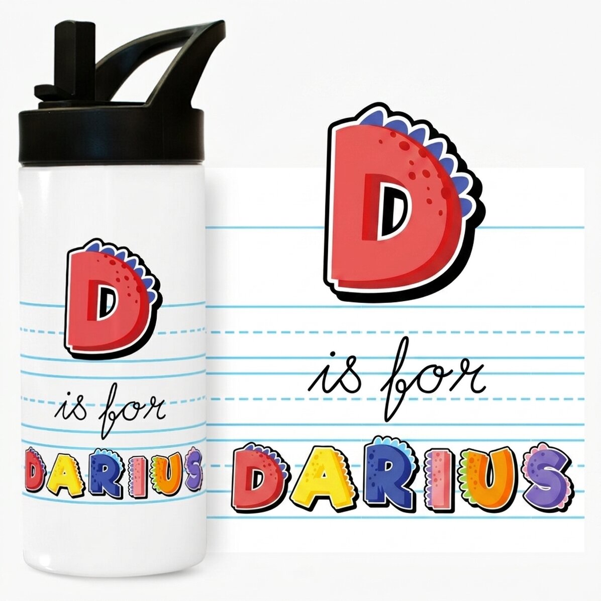 Thermosflasche mit Griff und personalisiertem Strohhalm – Modell „Dinosaurier“