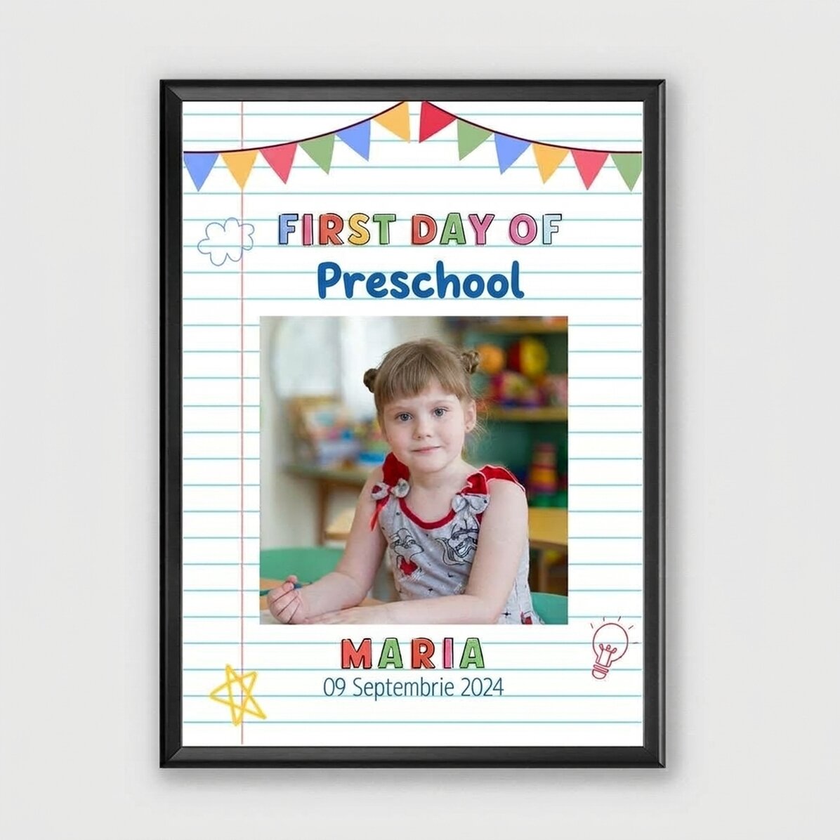 Individuell gestaltetes Bild mit Text und 1 Foto – Der erste Tag im Kindergarten