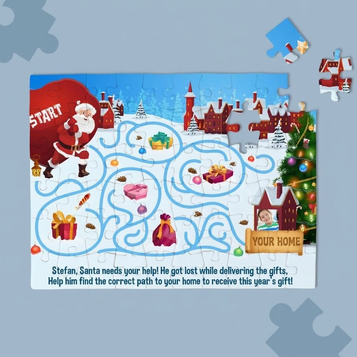 Individuell gestaltetes Puzzle für Kinder mit Foto und Text – Der Weg des Weihnachtsmanns
