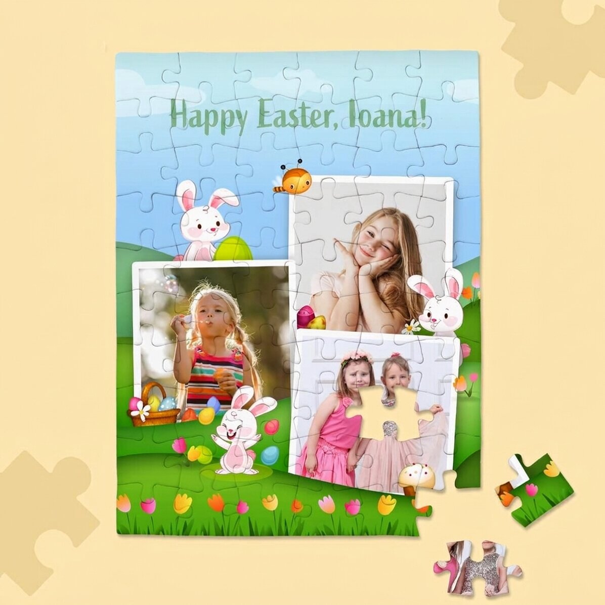 Individuell gestaltetes Puzzle für Kinder mit 3 Bildern und Text – Frohe Ostern!