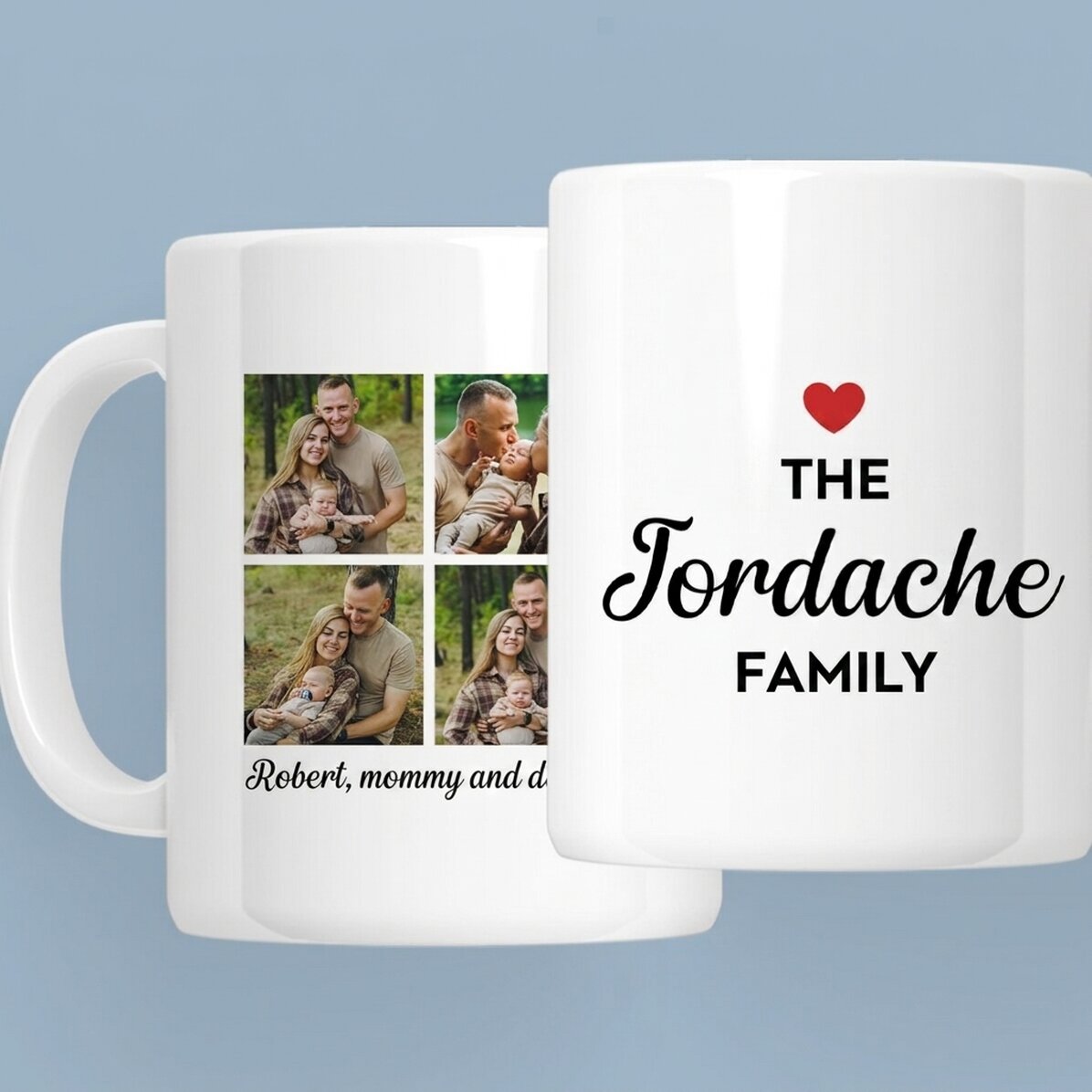 Personalisierte Tasse mit 4 Fotos und Text – Familie