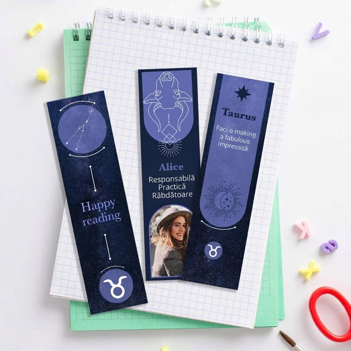 Set mit 3 personalisierten Lesezeichen mit Botschaft und Foto – Sternzeichen Stier