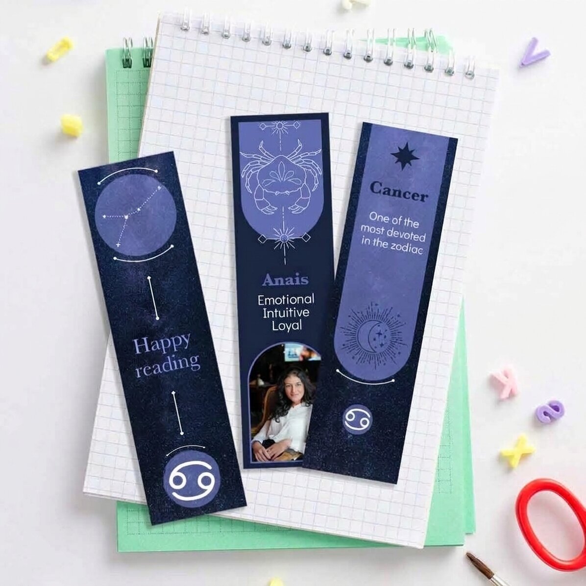 Set mit 3 personalisierten Lesezeichen mit Botschaft und Foto – Sternzeichen Krebs