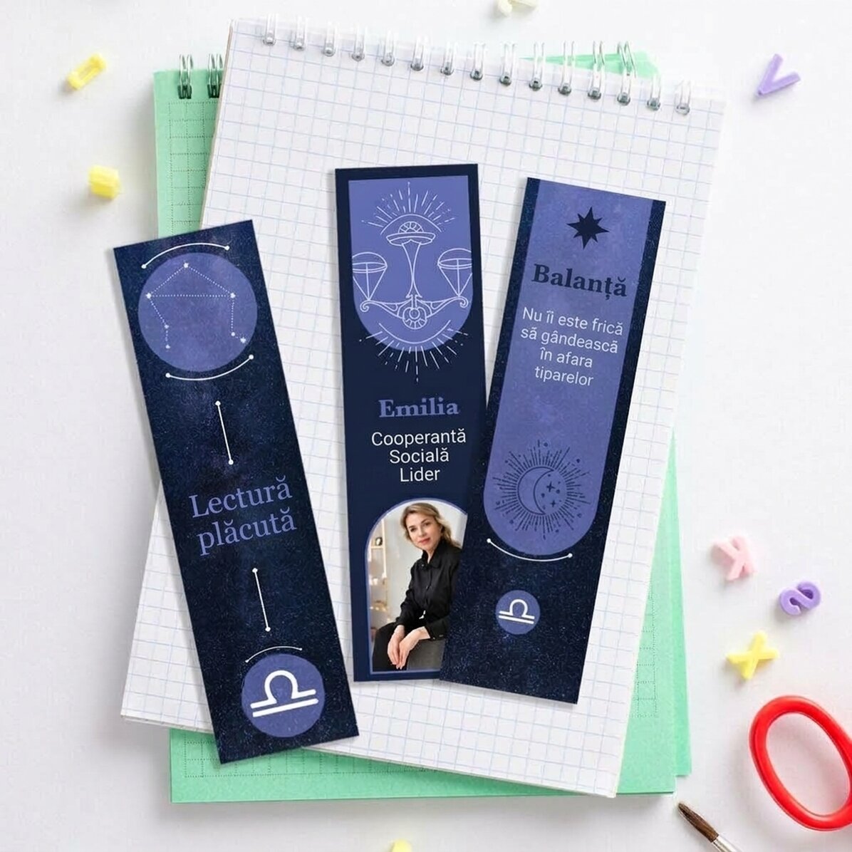 Set mit 3 personalisierten Lesezeichen mit Botschaft und Foto – Sternzeichen Waage