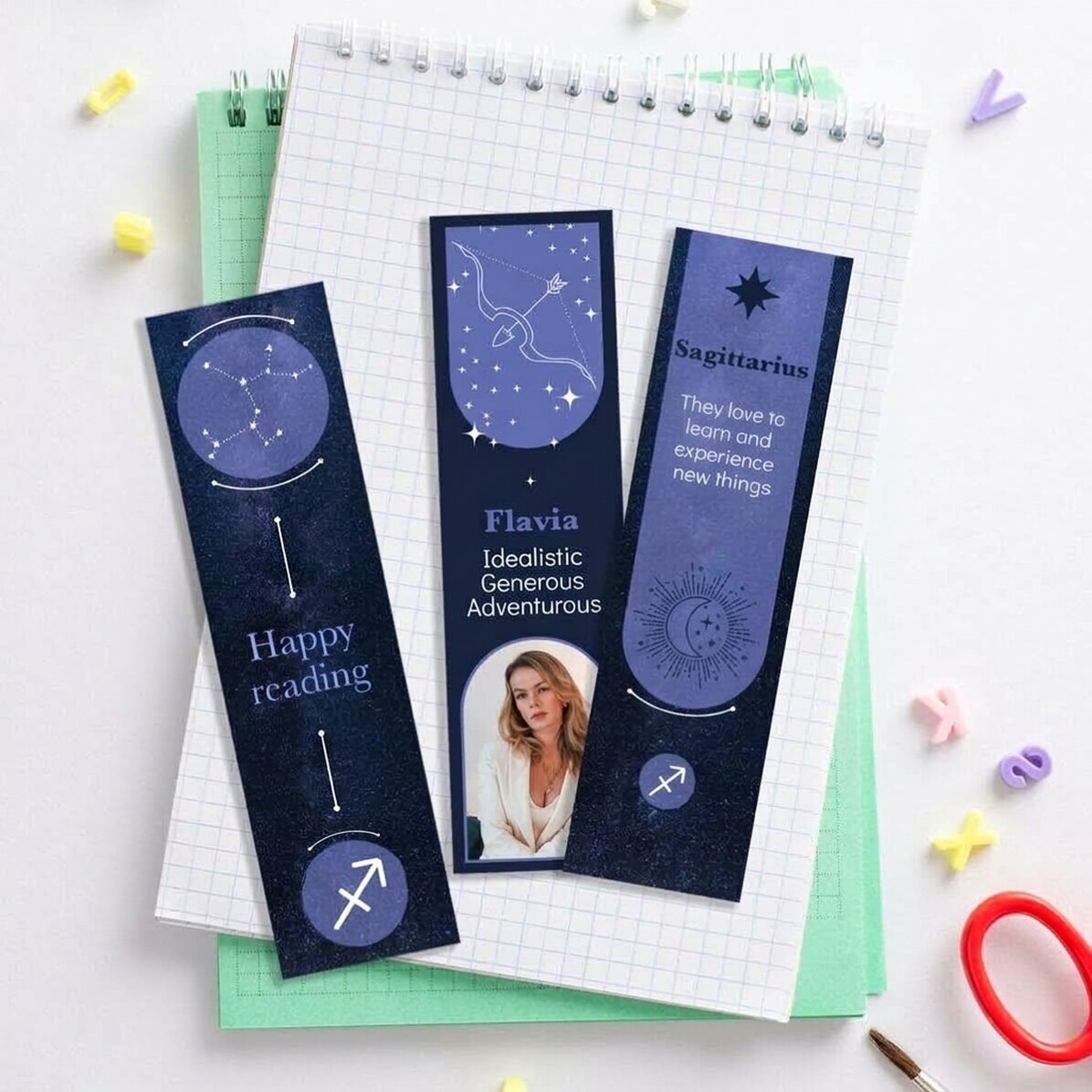 Set mit 3 personalisierten Lesezeichen mit Botschaft und Foto – Sternzeichen Schütze