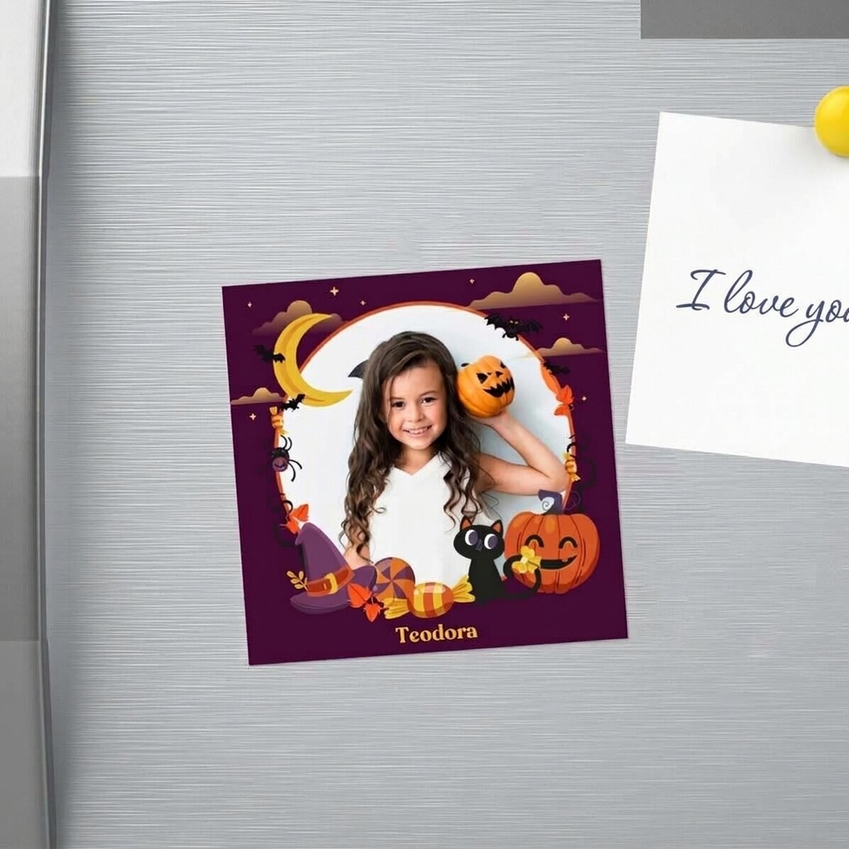Individuell gestalteter Magnet (10 x 10) mit Foto und Text – Happy Halloween