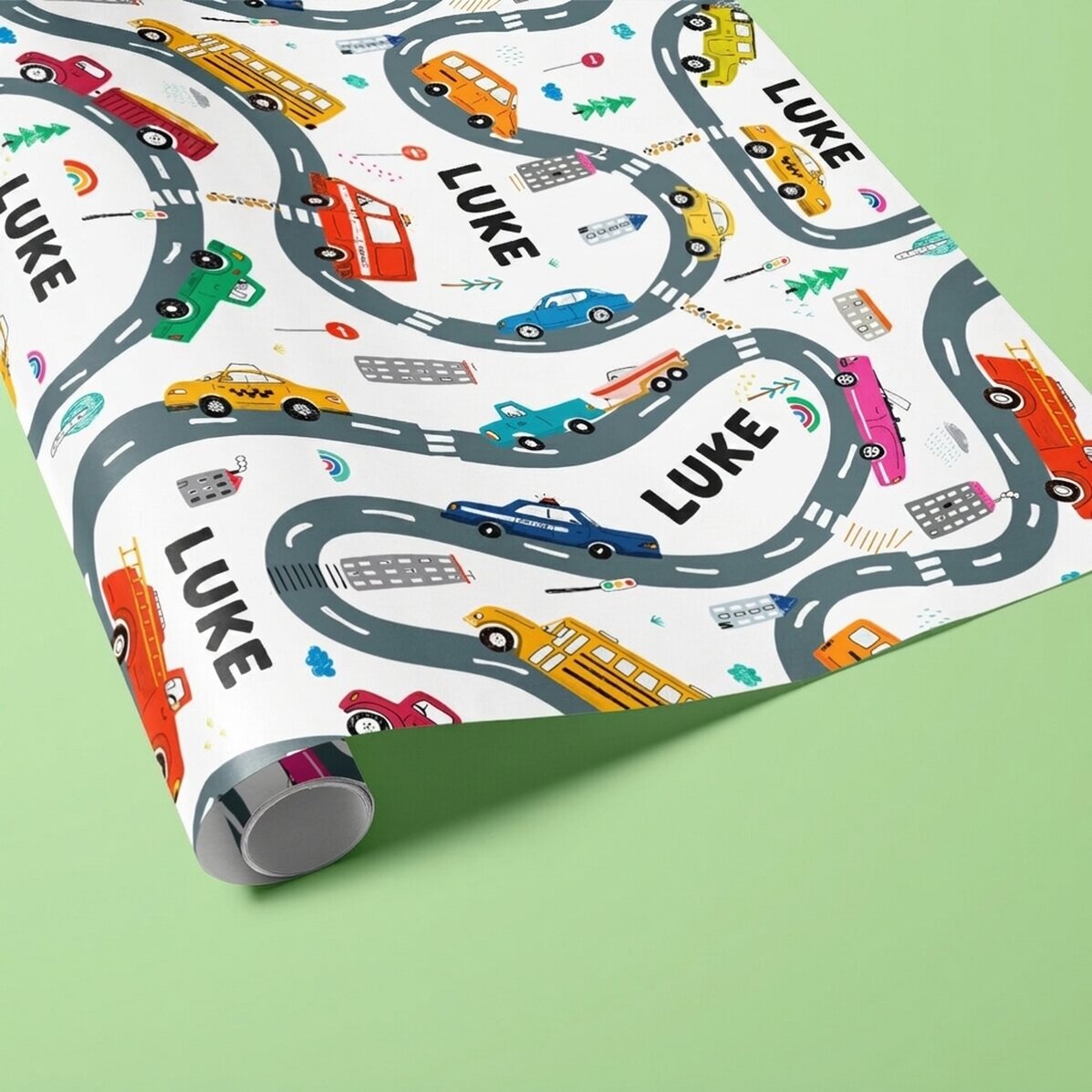 Individuell gestaltetes Geschenkpapier mit Text – Spielzeugautos