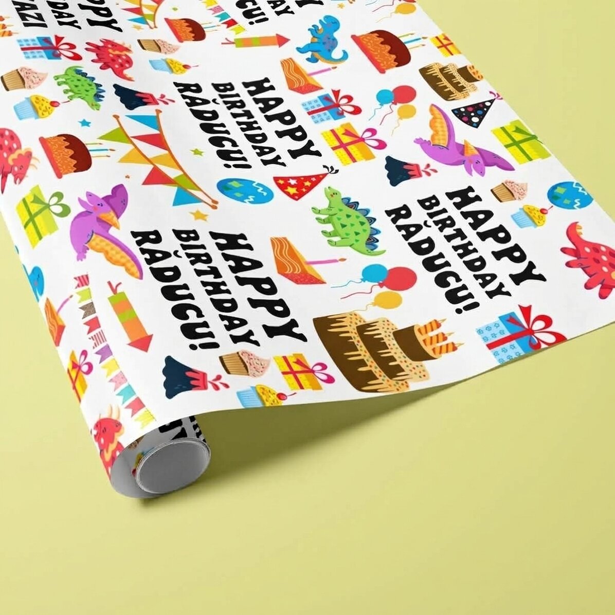 Individuell gestaltetes Geschenkpapier mit Text – Die Dinosaurier-Party