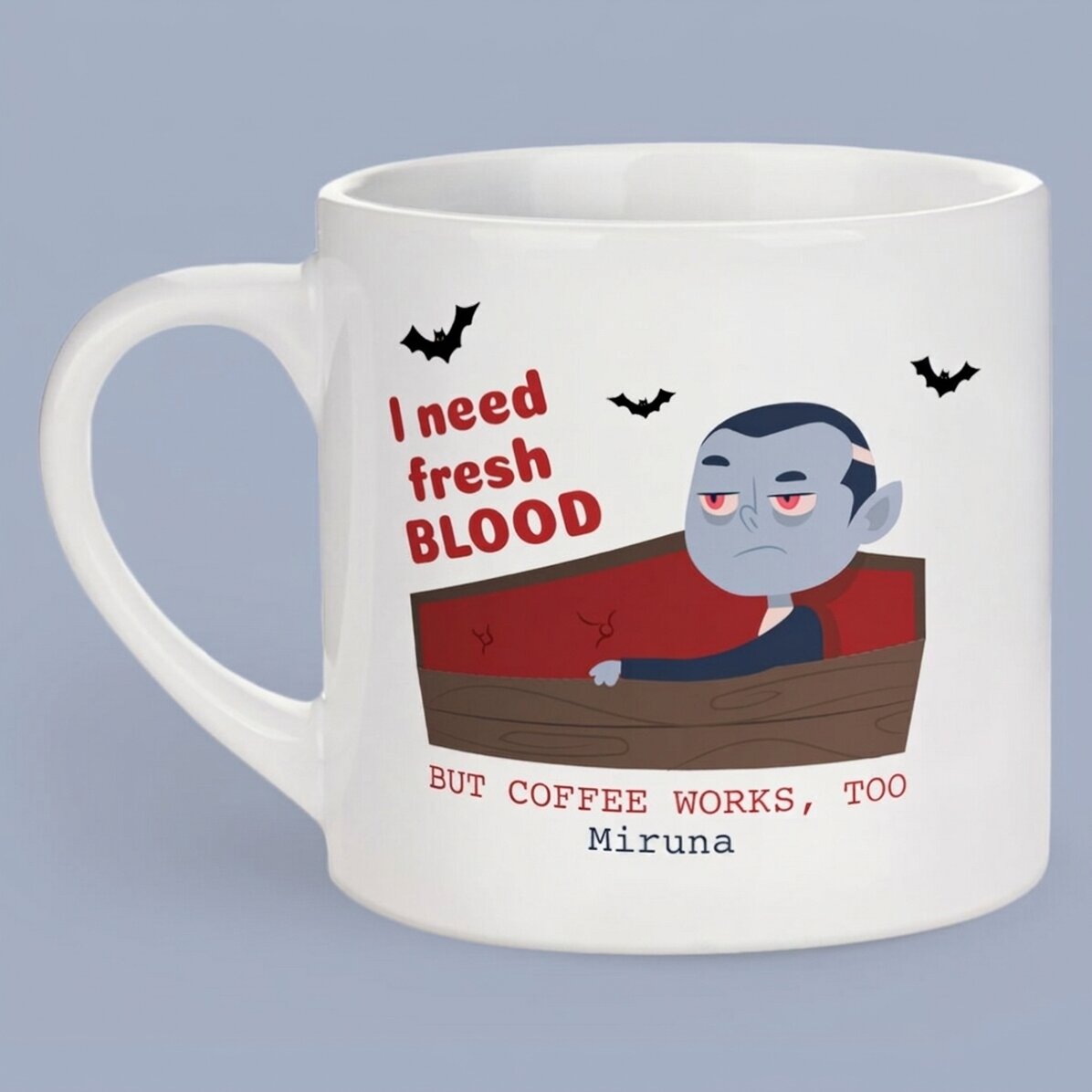 Personalisierte Espressotasse mit Aufdruck – „I need fresh blood“