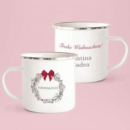 Emaillierter Metallbecher mit Schriftzug und Logo – Frohe Weihnachten!
