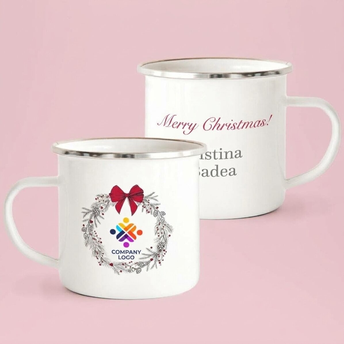 Emaillierter Metallbecher mit Schriftzug und Logo – Frohe Weihnachten!