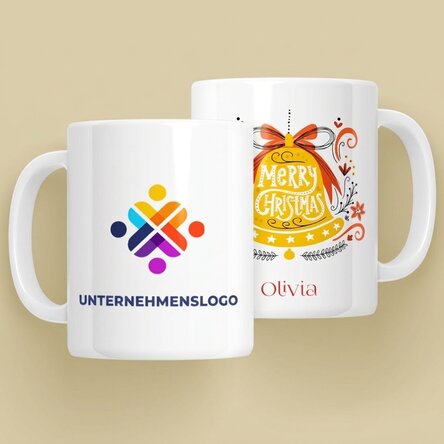 Personalisierte Tasse mit Text und Logo – Glocke „Merry Christmas“