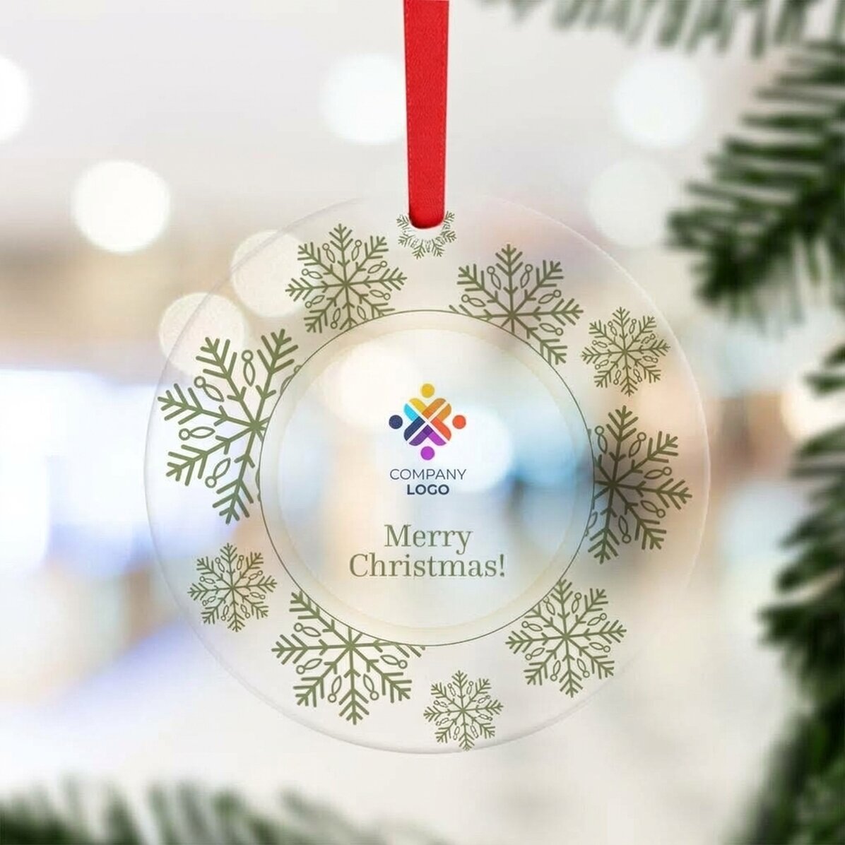 Individuell gestaltete runde Dekoration mit Logo und Botschaft – Merry Christmas!