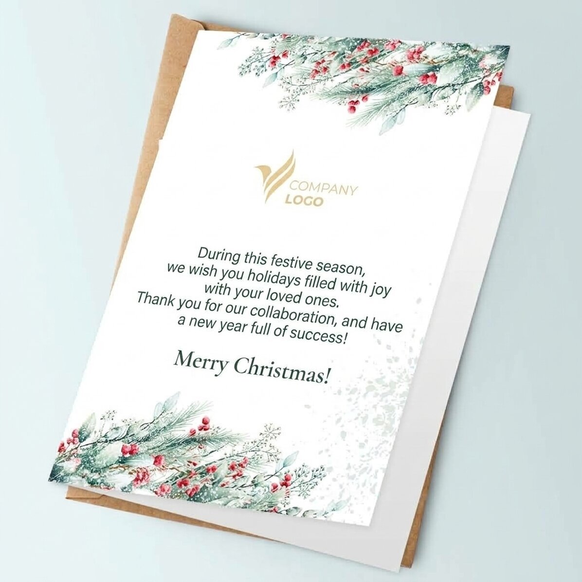 Personalisierte Grußkarte, Vorderseite und Rückseite mit Text und Logo – Frohe Weihnachten!