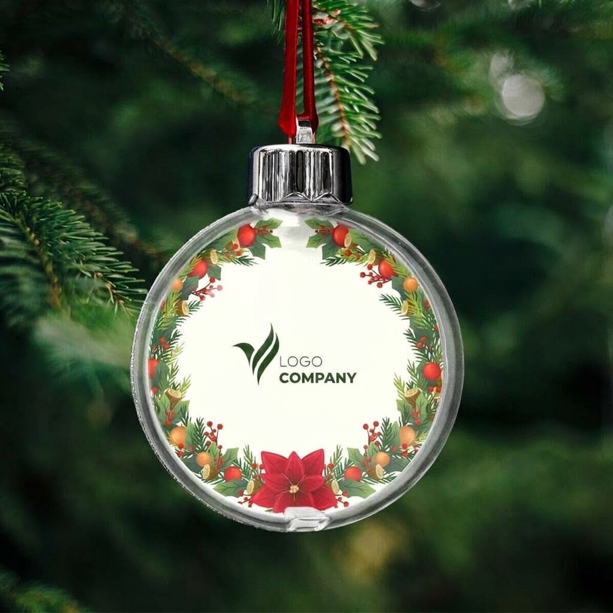 Personalisierte Kugel, beidseitig bedruckt mit Logo und Botschaft – Frohe Weihnachten!