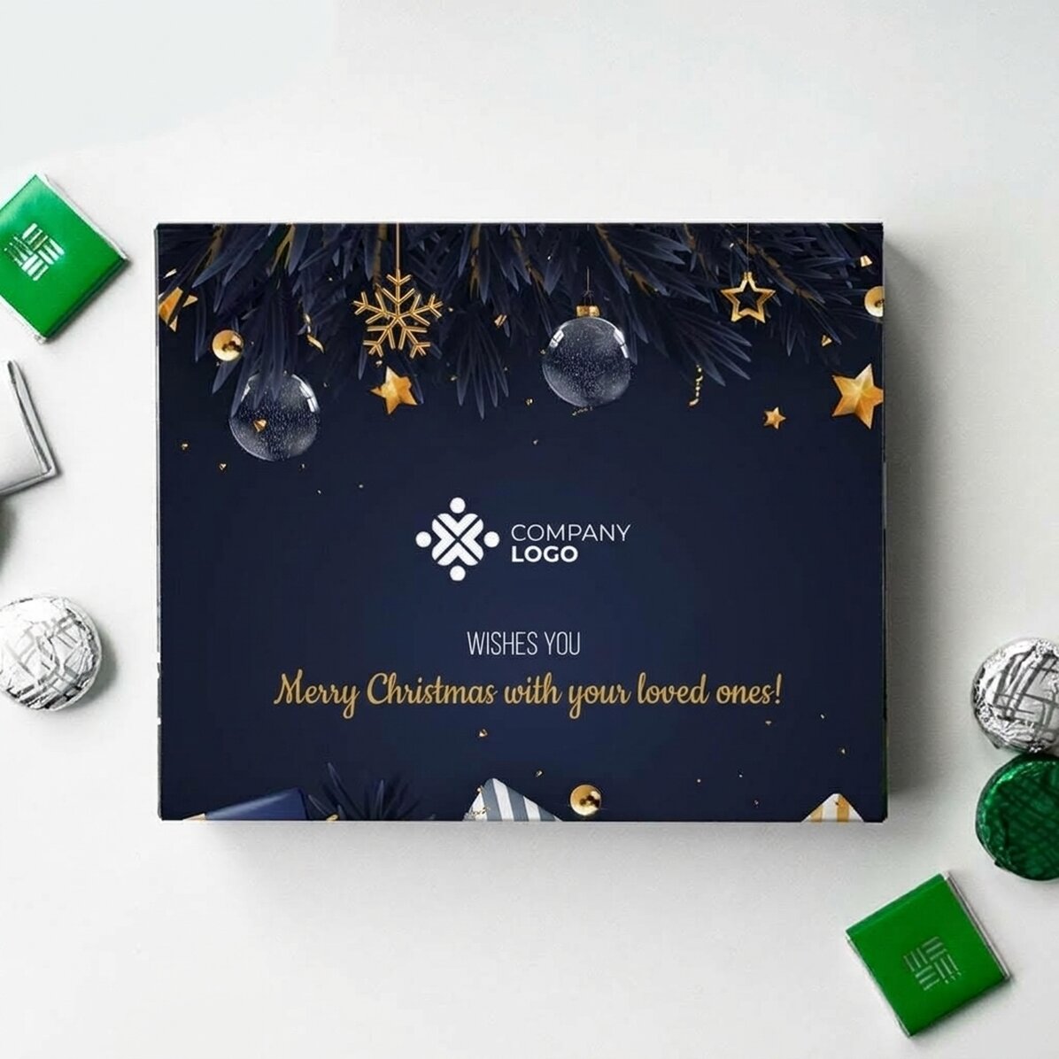 Personalisierte Pralinenschachtel mit Logo und Grußtext – Frohe Weihnachten!