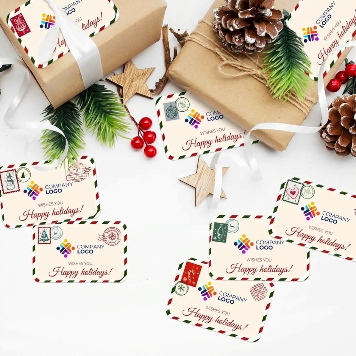 Set mit 8 rechteckigen, individuell gestalteten Aufklebern (selbstklebende Etiketten) mit Logo – Wei