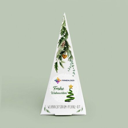 Individuell gestaltetes Tannenbaum-Pflanzset mit Logo und Botschaft – Frohe Weihnachten