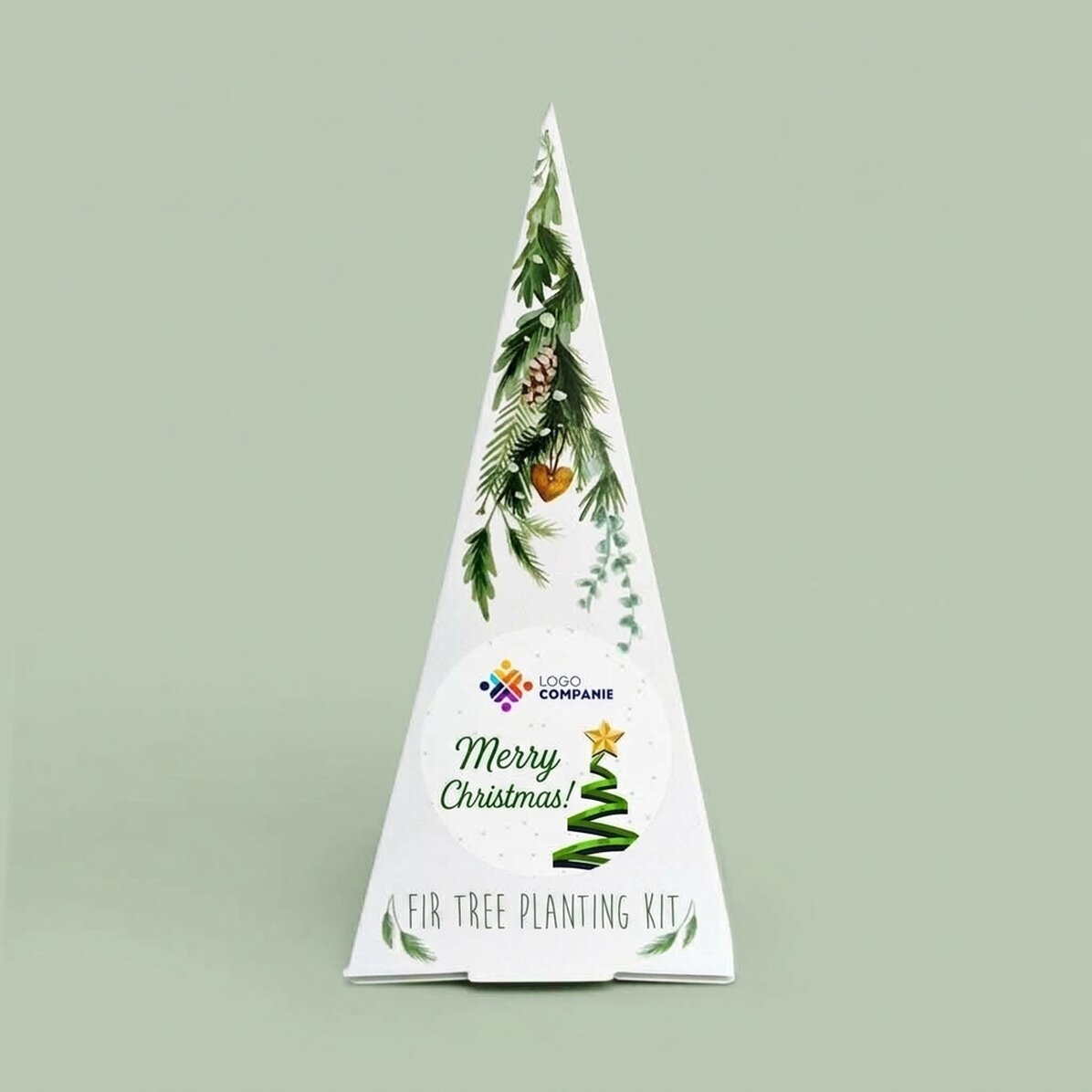 Individuell gestaltetes Tannenbaum-Pflanzset mit Logo und Botschaft – Frohe Weihnachten