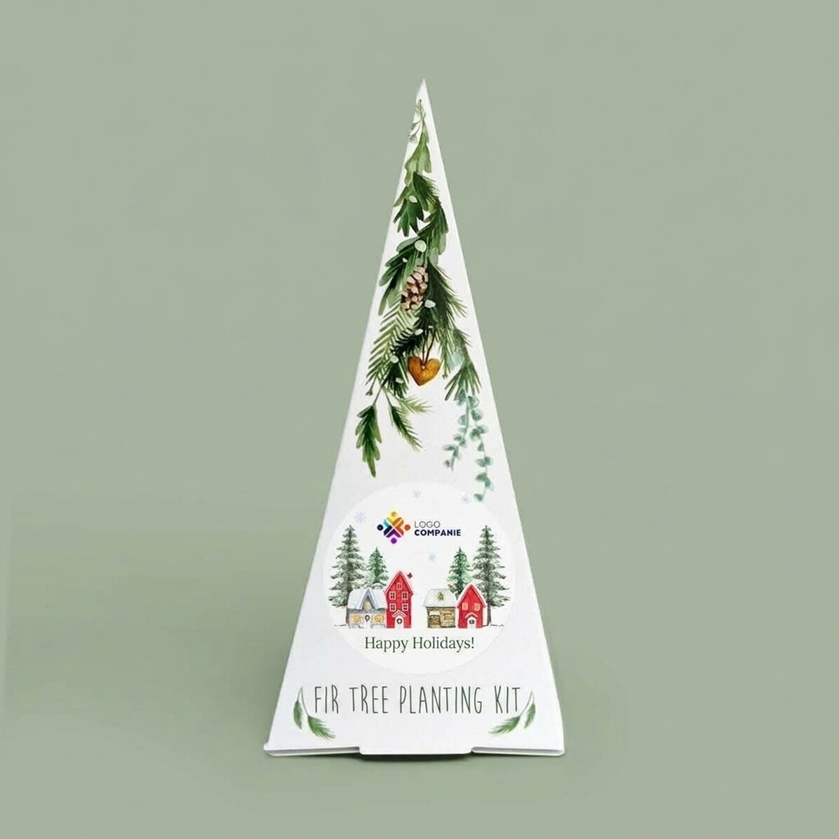 Individuell gestaltetes Tannenbaum-Pflanzset mit Logo und Botschaft – Frohe Feiertage!