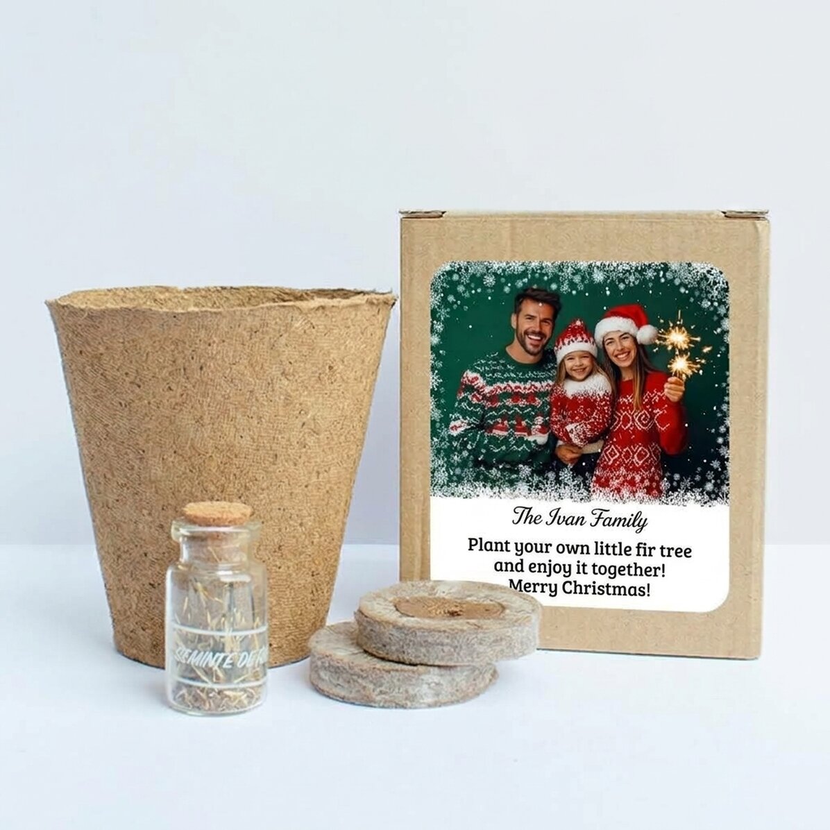 Set zum Einpflanzen von Tannensamen in einer personalisierten Schachtel mit Foto und Text – Snowflak