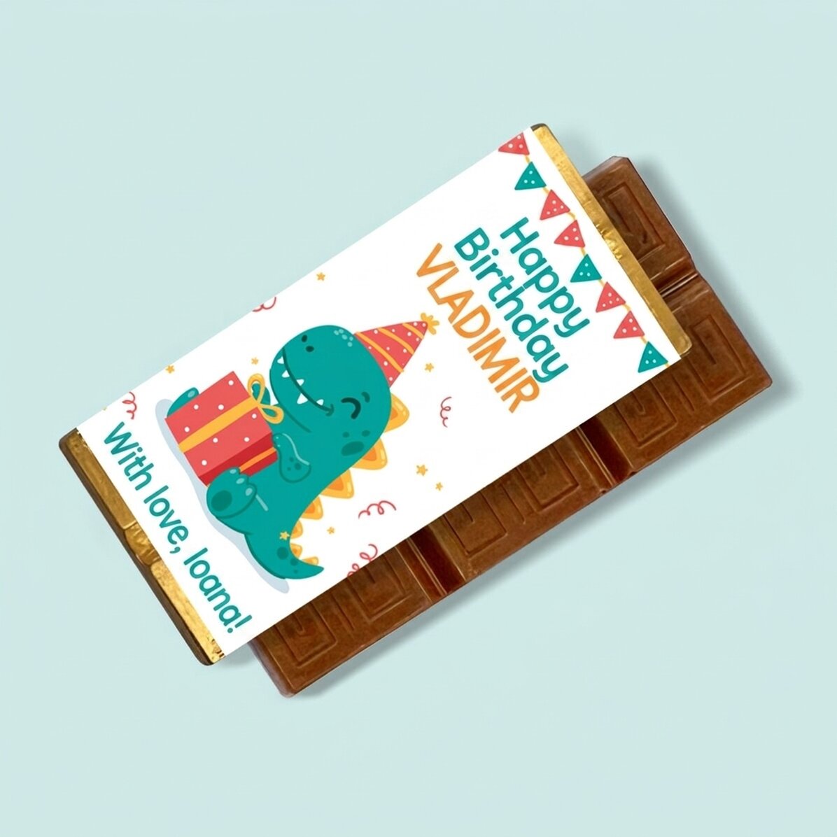 Personalisierte Mini-Schokoladentafel mit Botschaft – Happy Dino