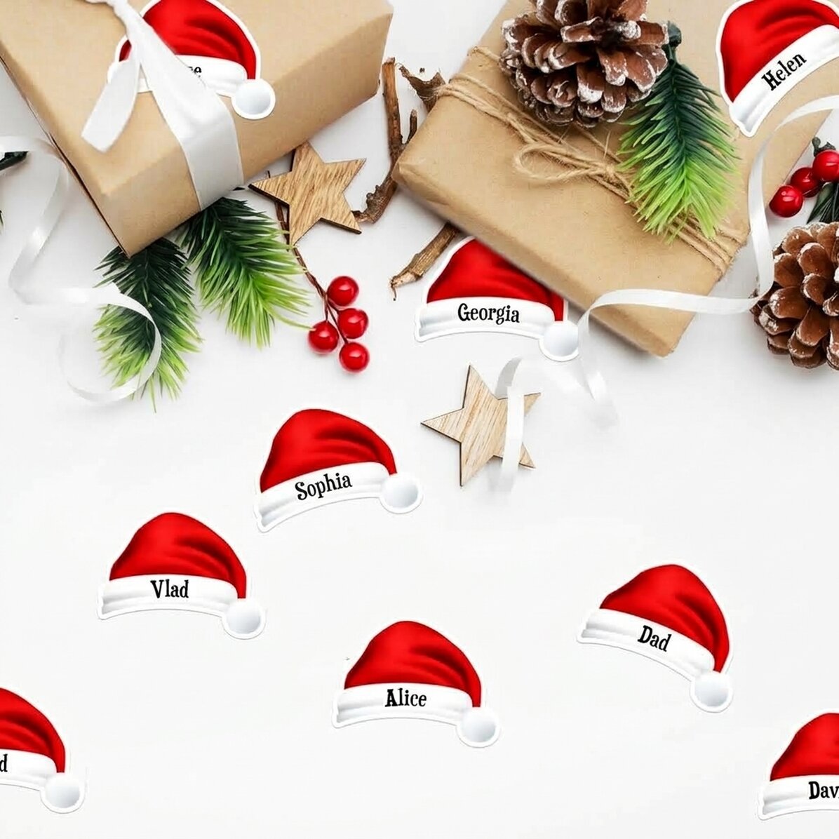 Set mit 12 individuell mit Namen bedruckten Aufklebern (selbstklebende Etiketten) – Weihnachtsmann