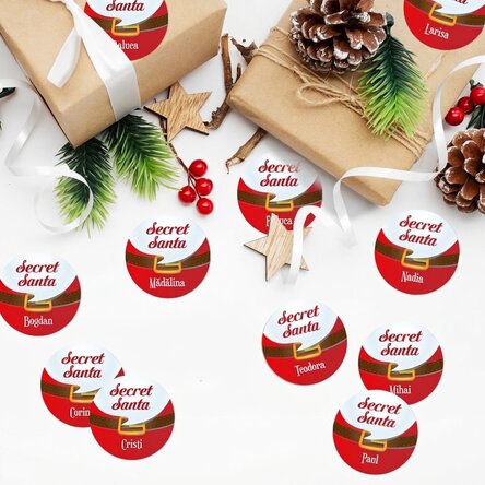 Set mit 12 individuell gestalteten Aufklebern (selbstklebende Etiketten) mit Botschaft – Wichteln