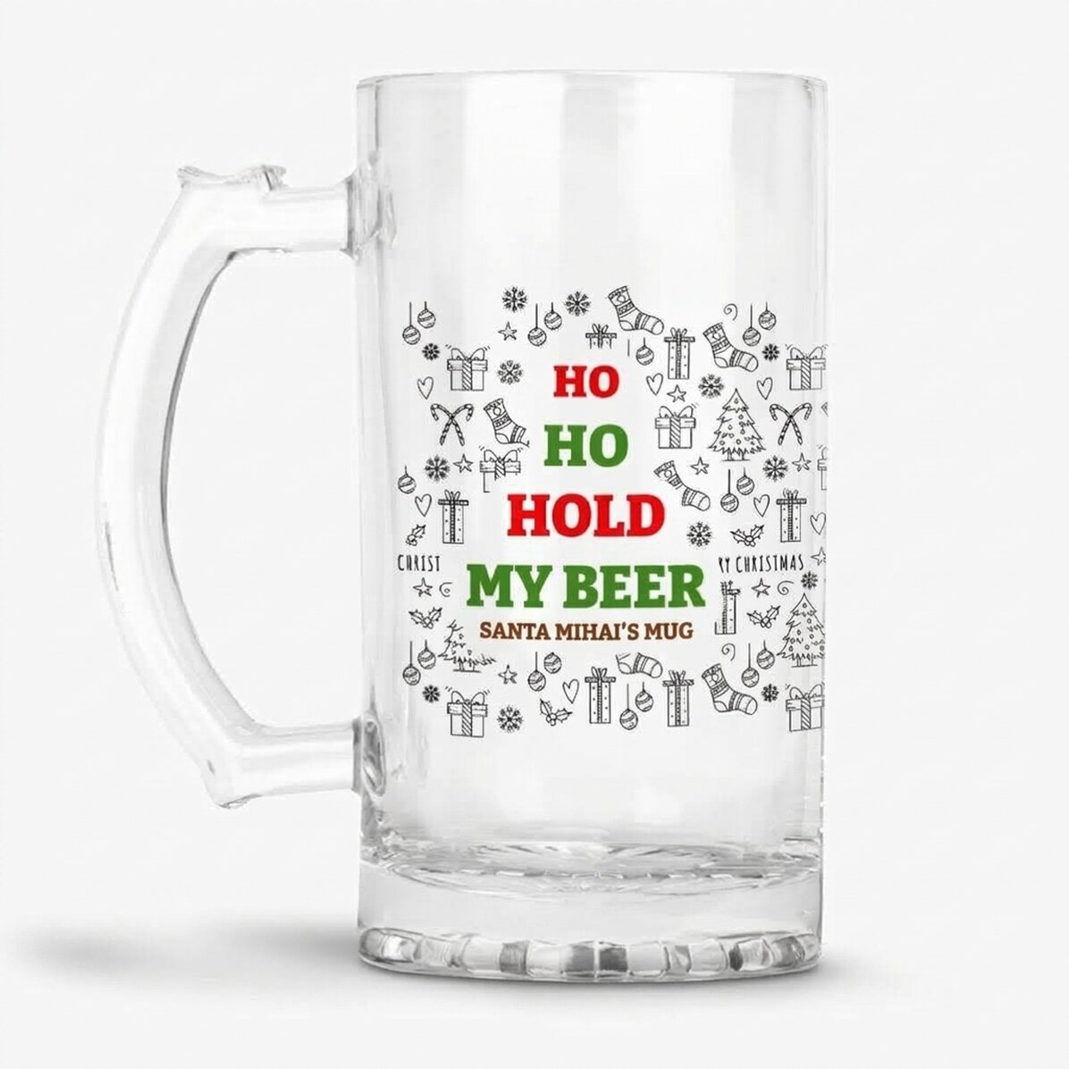 Personalisierter Bierkrug mit Weihnachtsaufschrift – Ho Ho Hold My Beer