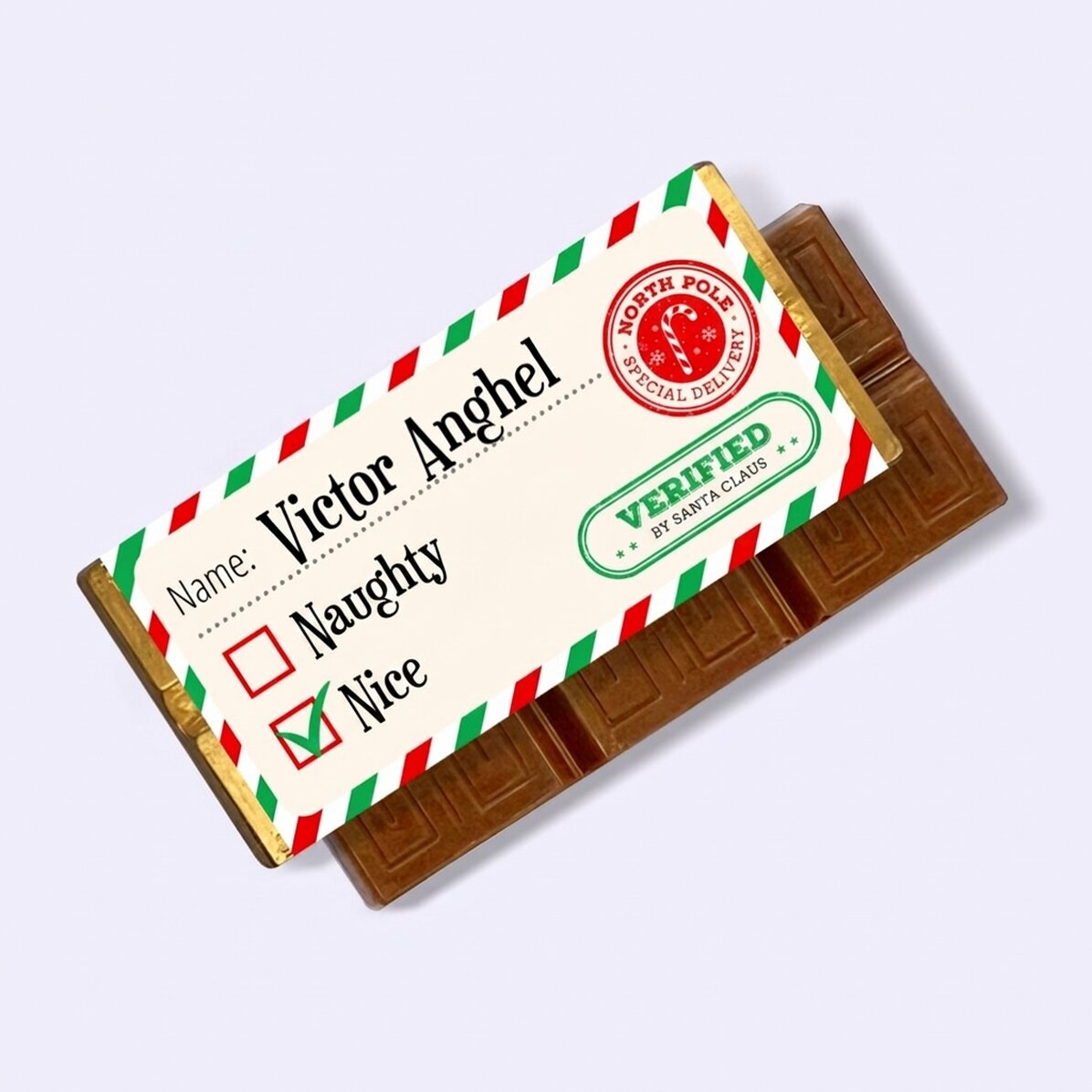 Personalisierte Mini-Schokoladentafel mit Botschaft – Vom Weihnachtsmann geprüft