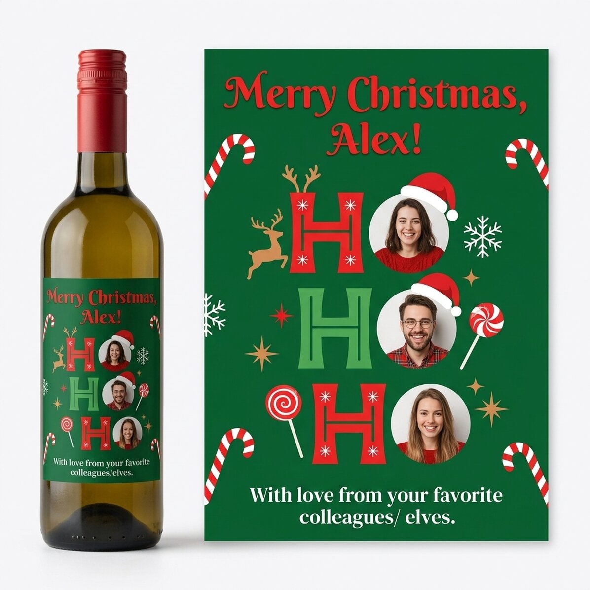 Personalisierter Wein mit einer Botschaft und 3 Weihnachtsfotos – HO HO HO