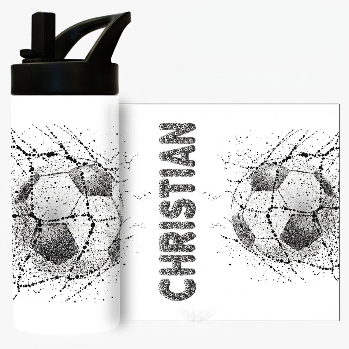 Thermoskanne mit Griff und personalisiertem Strohhalm mit Aufdruck – Fußball