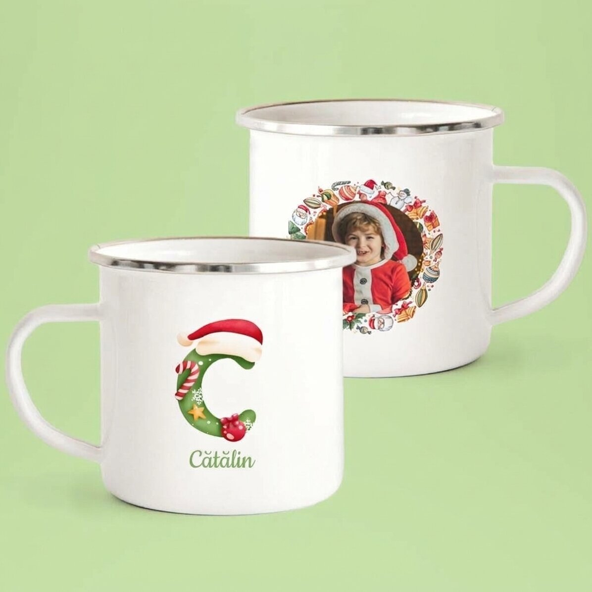 Personalisierte Emaille-Tasse mit Text und einem Foto – Weihnachten