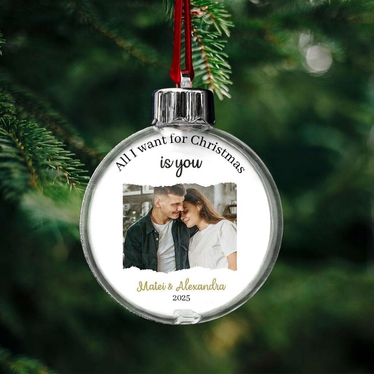 Personalisierte Kugel mit einer Botschaft und einem Foto – All I want for Christmas