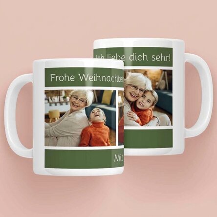 Personalisierte Tasse mit Text und 3 Fotos – Frohe Weihnachten!