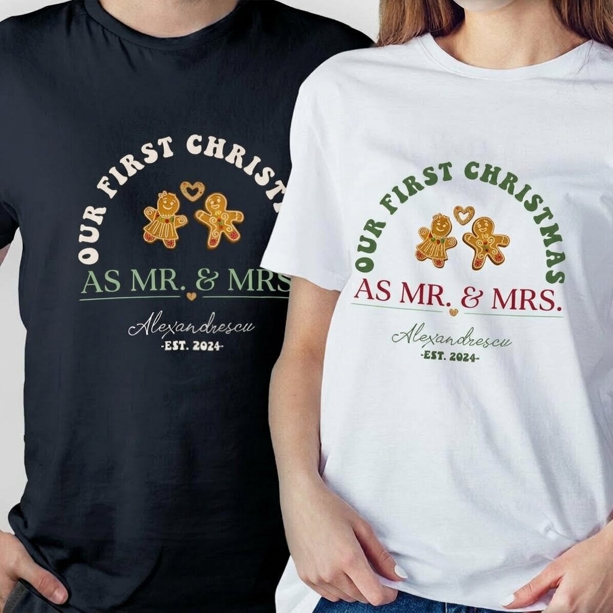 Personalisiertes Baumwoll-T-Shirt mit Weihnachtsaufdruck – Herr & Frau