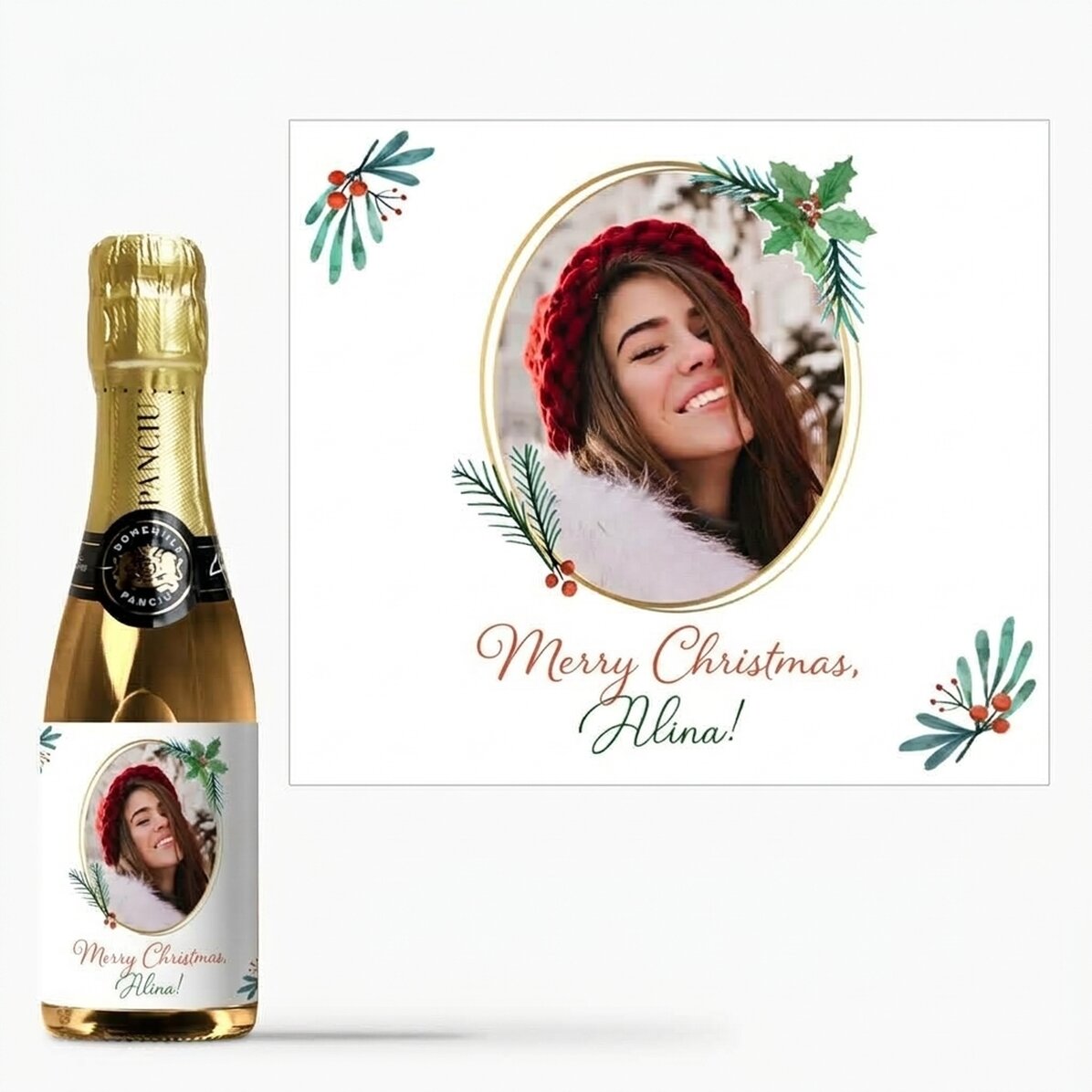 Kleine Flasche Sekt, individuell gestaltet mit Foto und Weihnachtstext