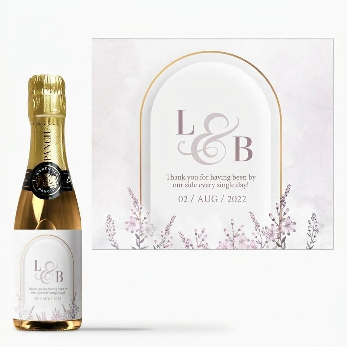 Kleine, mit einem Text personalisierte Sektflasche – Hochzeitsgeschenk