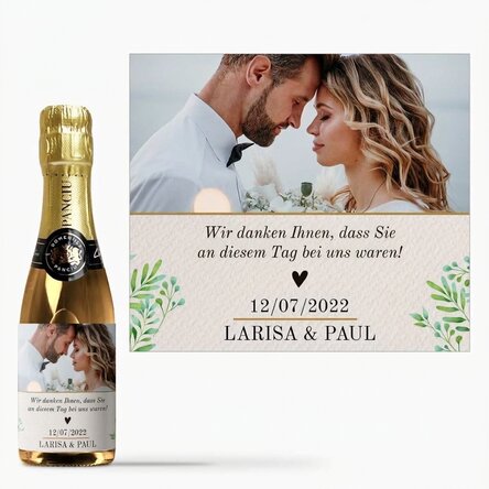 Kleine Flasche Sekt als personalisiertes Geschenk mit Foto und Text – Vielen Dank!